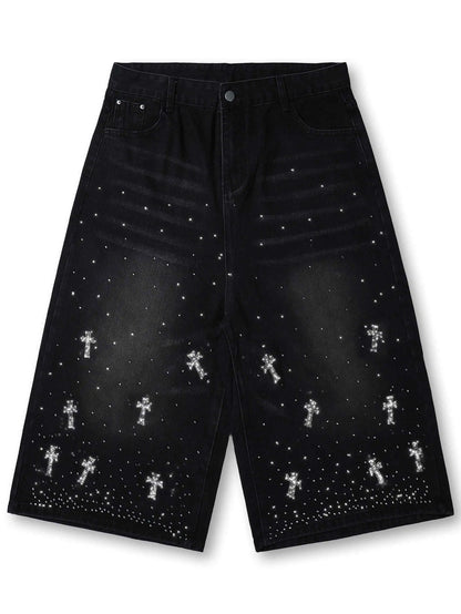 Rhinestone Cross Denim Pants-358