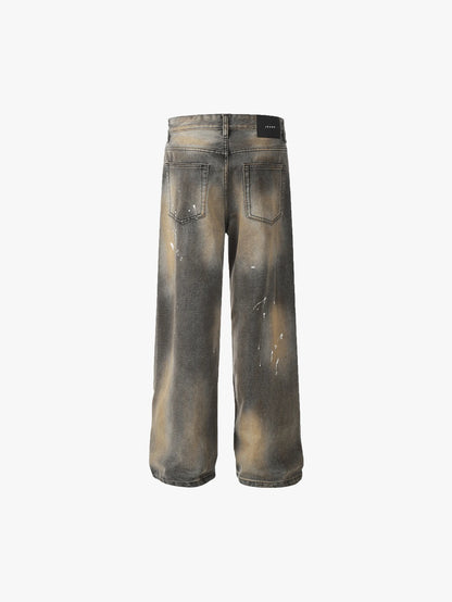 Functionally Stylish Distressed Wide-Leg Denim Pants with Paint Splatter Design Trendy Streetwear Fashion - S984