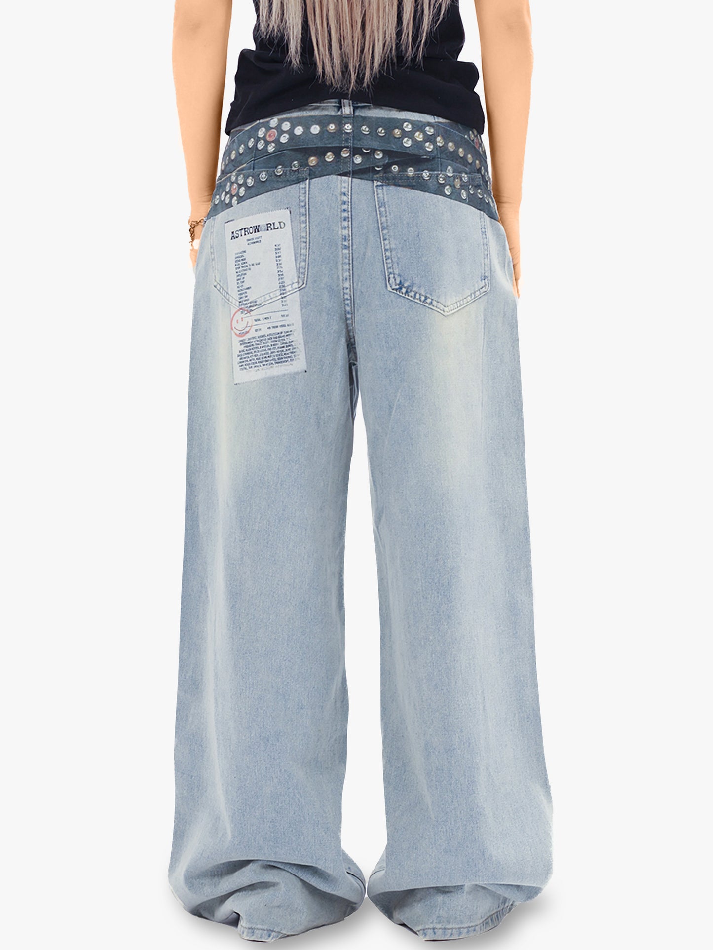 Y2K Wide Leg Jeans Women Studded Patchwork High Waist Denim Pants-S1003