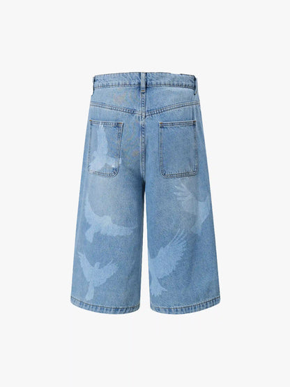 Trendy Black Denim Shorts with Bird Print Graphic Stylish Streetwear Casual Bermuda Pants - S966
