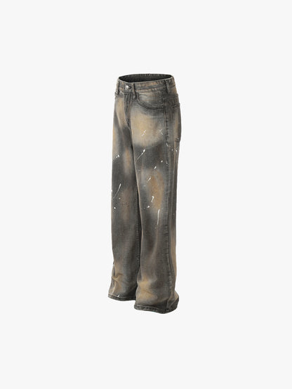 Functionally Stylish Distressed Wide-Leg Denim Pants with Paint Splatter Design Trendy Streetwear Fashion - S984