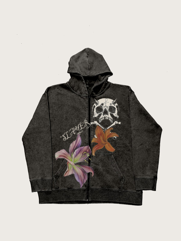 Black Hoodie Skull and Flower Graphic Zipper Unisex Casual Streetwear Jacket