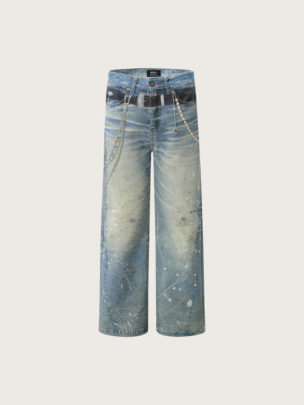 Distressed Denim Pants with Artistic Paint Splatter Design and Chain Accents