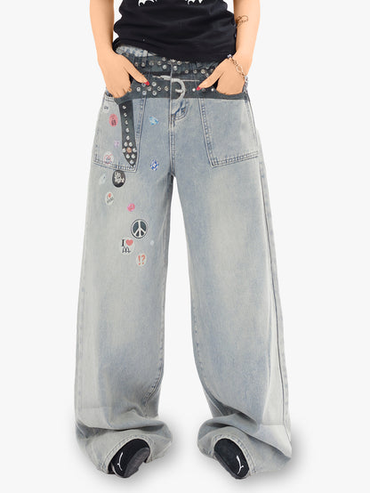 Y2K Wide Leg Jeans Women Studded Patchwork High Waist Denim Pants-S1003