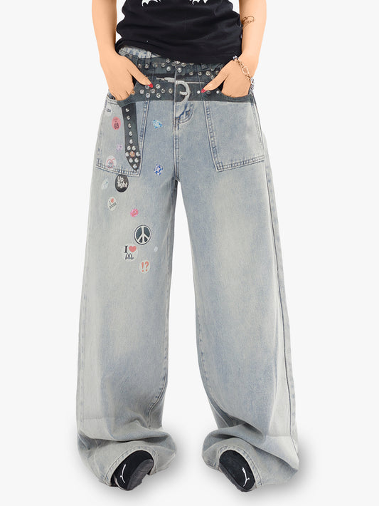 Y2K Wide Leg Jeans Women Studded Patchwork High Waist Denim Pants-S1003
