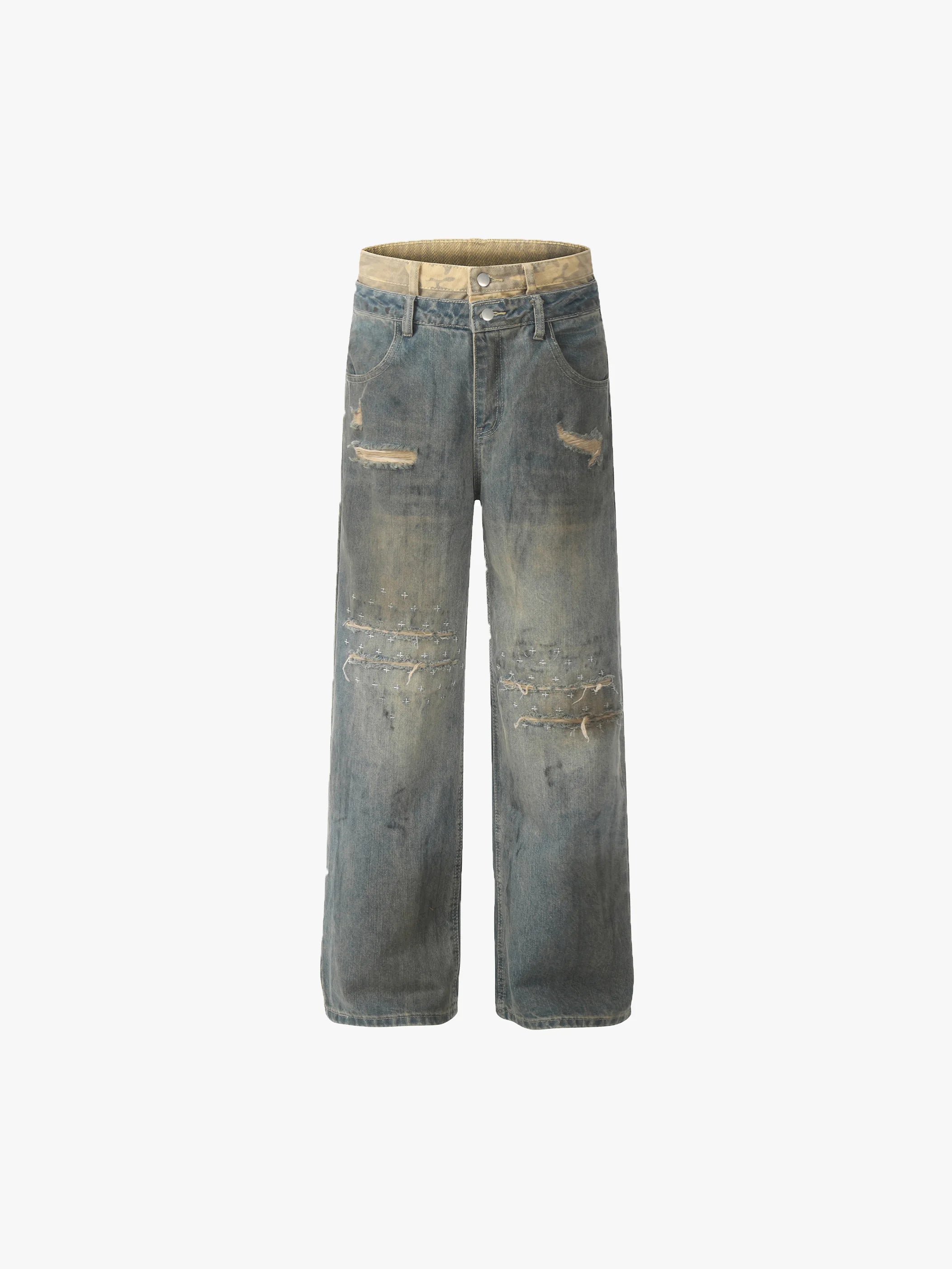Double Crazy Distressed Wide-Leg Denim with Rips and Studded Detailing Trendy Streetwear Trousers - S989