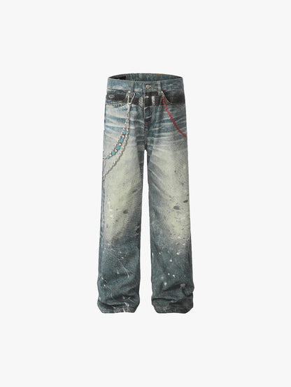 Double Crazy Trendy Streetwear Fashion Trousers Distressed Denim Pants with Chain and Paint Splatter Design - S982