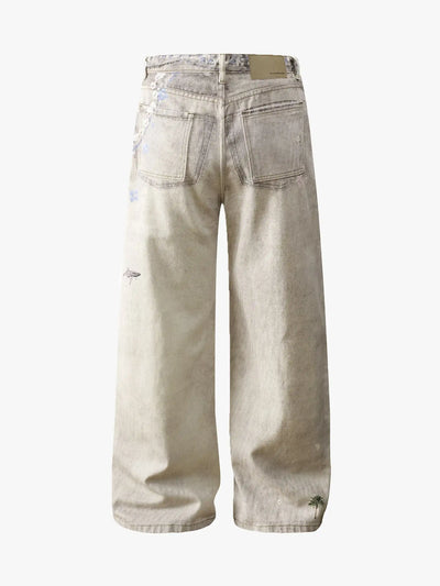 Beige Wide Leg Vintage Printed Jeans-S1026