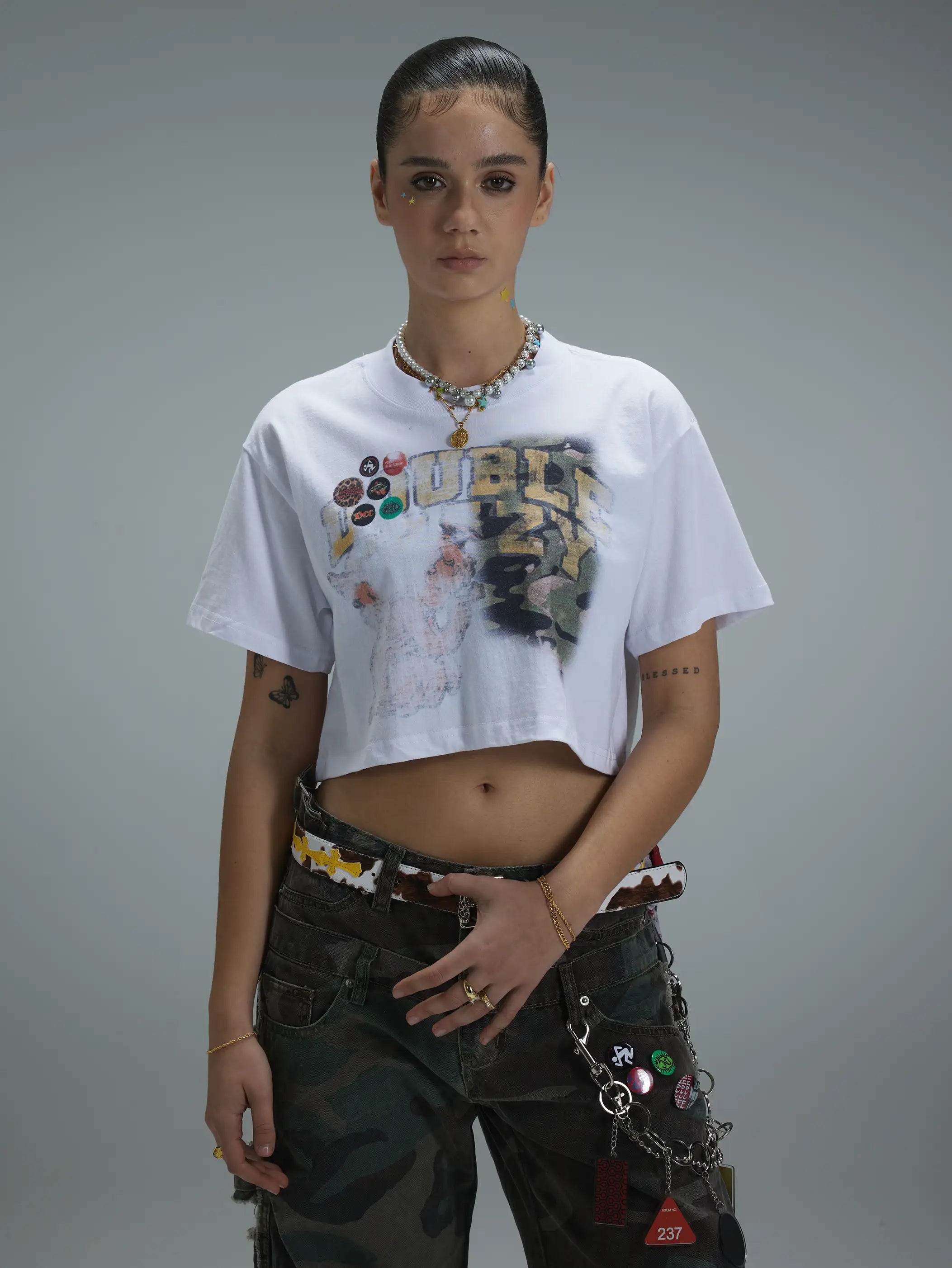 Acid Washed Boxy Graphic Crop Tee-437