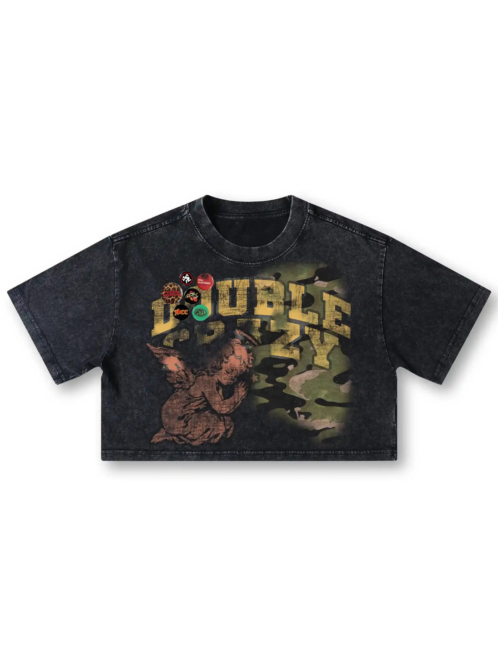 Acid Washed Boxy Graphic Crop Tee-437