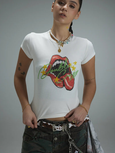 T-shirt court Y2K Grunge Lèvres Roulantes-438