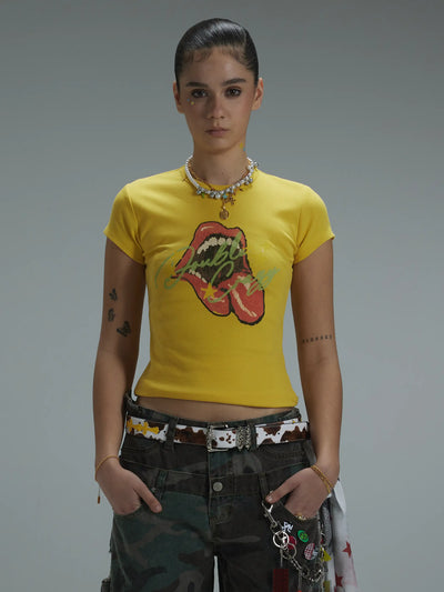 Y2K Grunge Rolling Lips Baby Tee-438