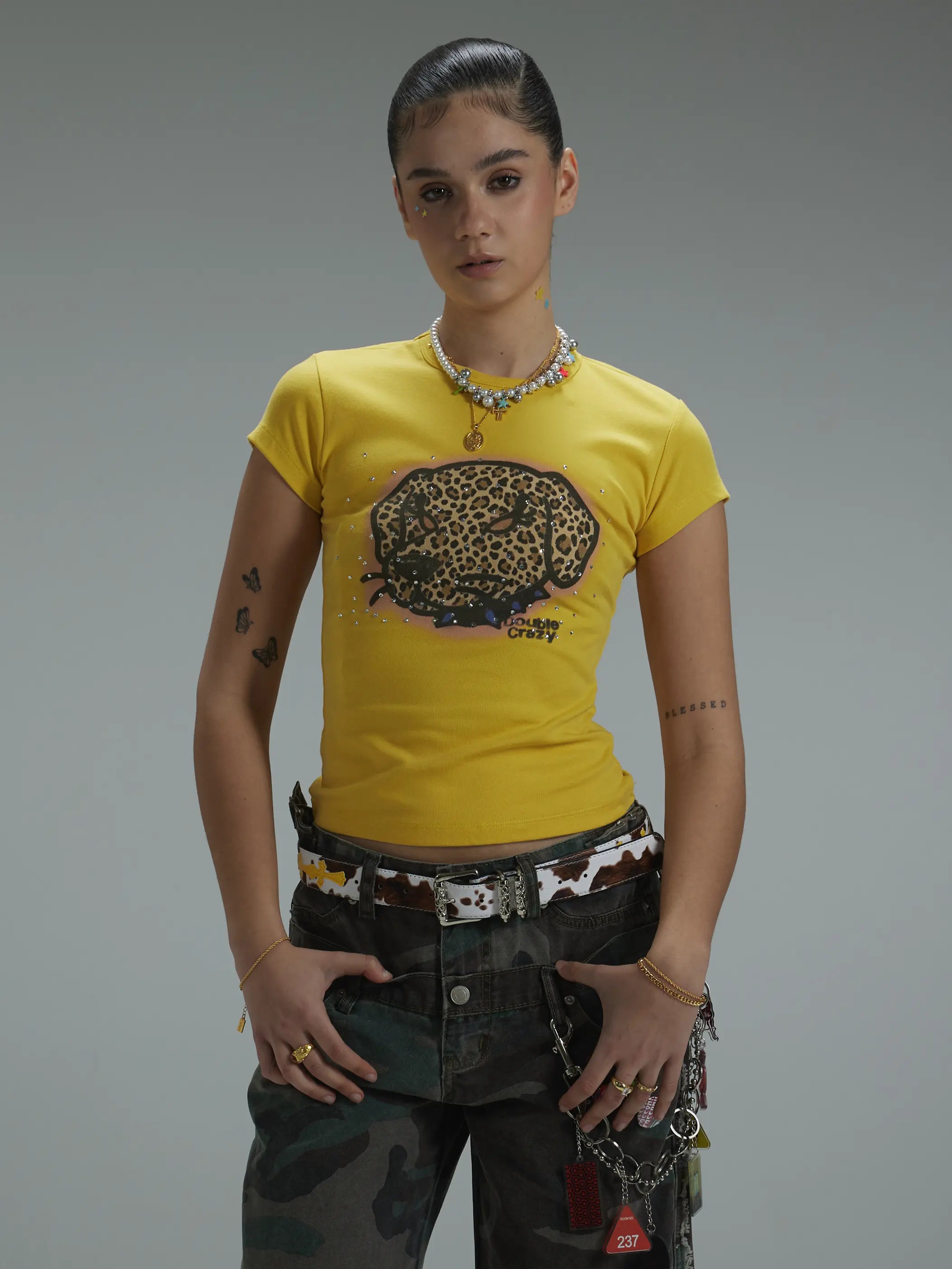 Y2K Leopard Dog Graphic Slim Tee-441