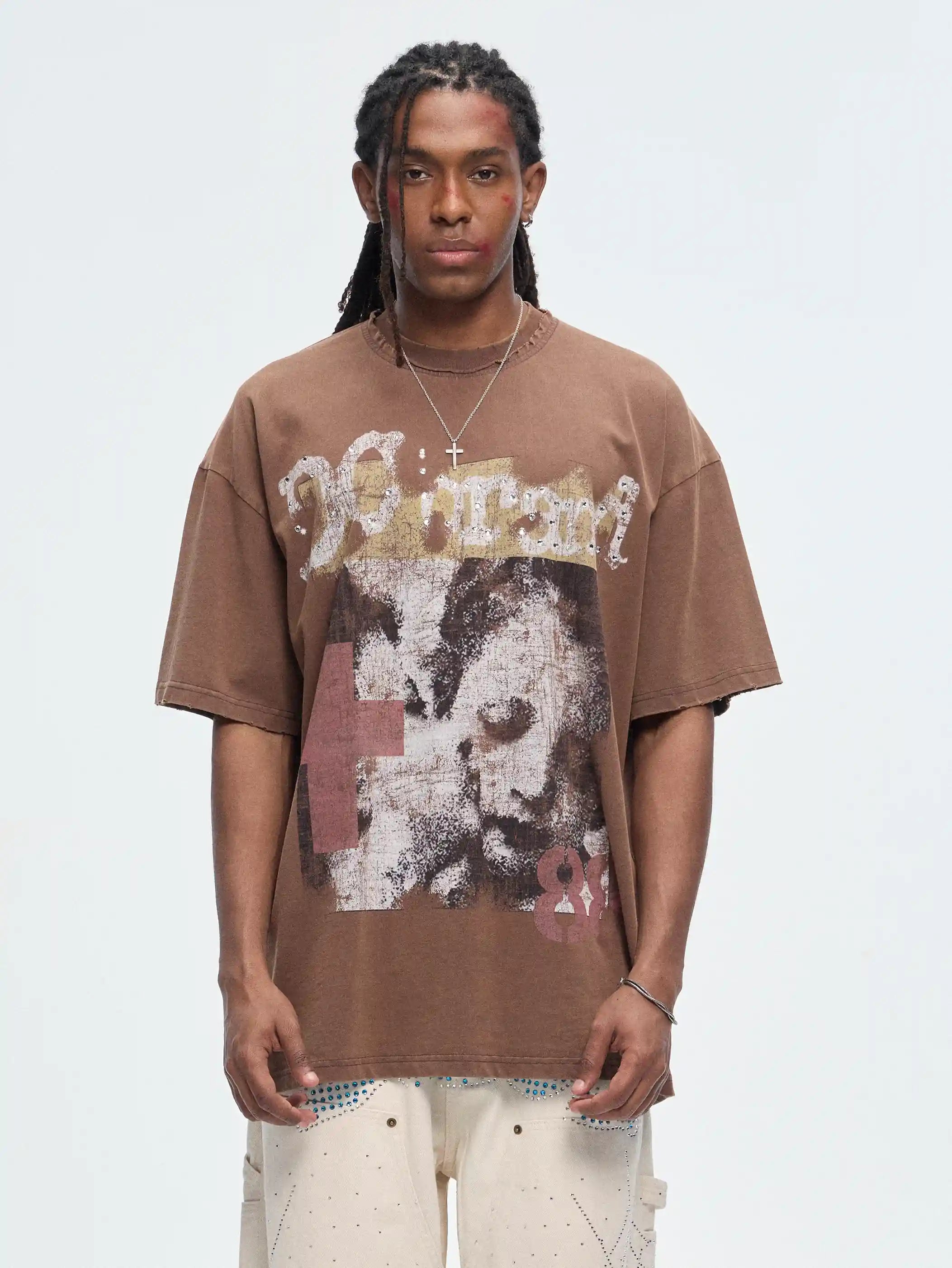 Vintage Cross Gemmed Grunge Tee-462
