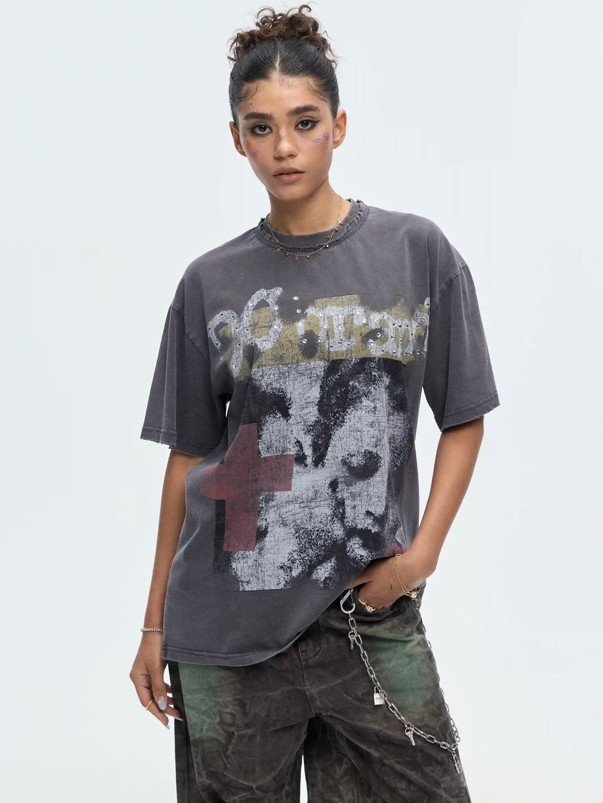 Vintage Cross Gemmed Grunge Tee-462