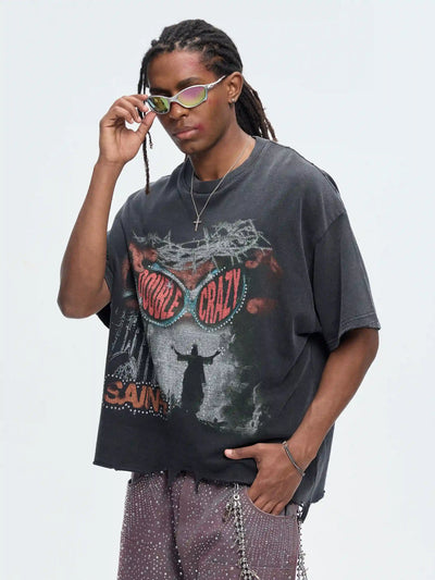 Iced-Eye Faded Raw Hem Graphic Tee-463