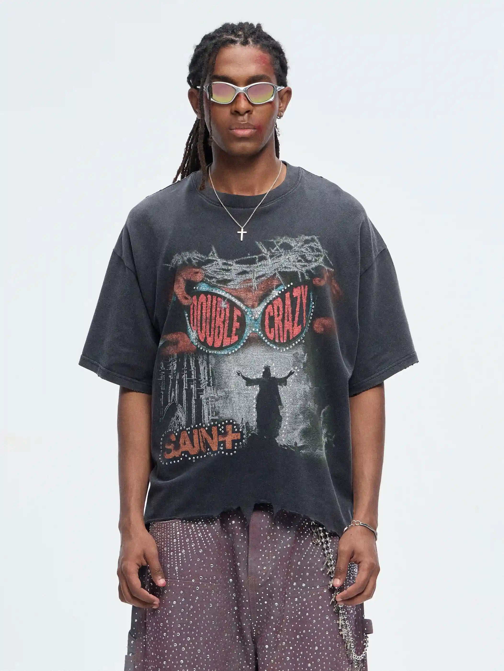 Iced-Eye Faded Raw Hem Graphic Tee-463