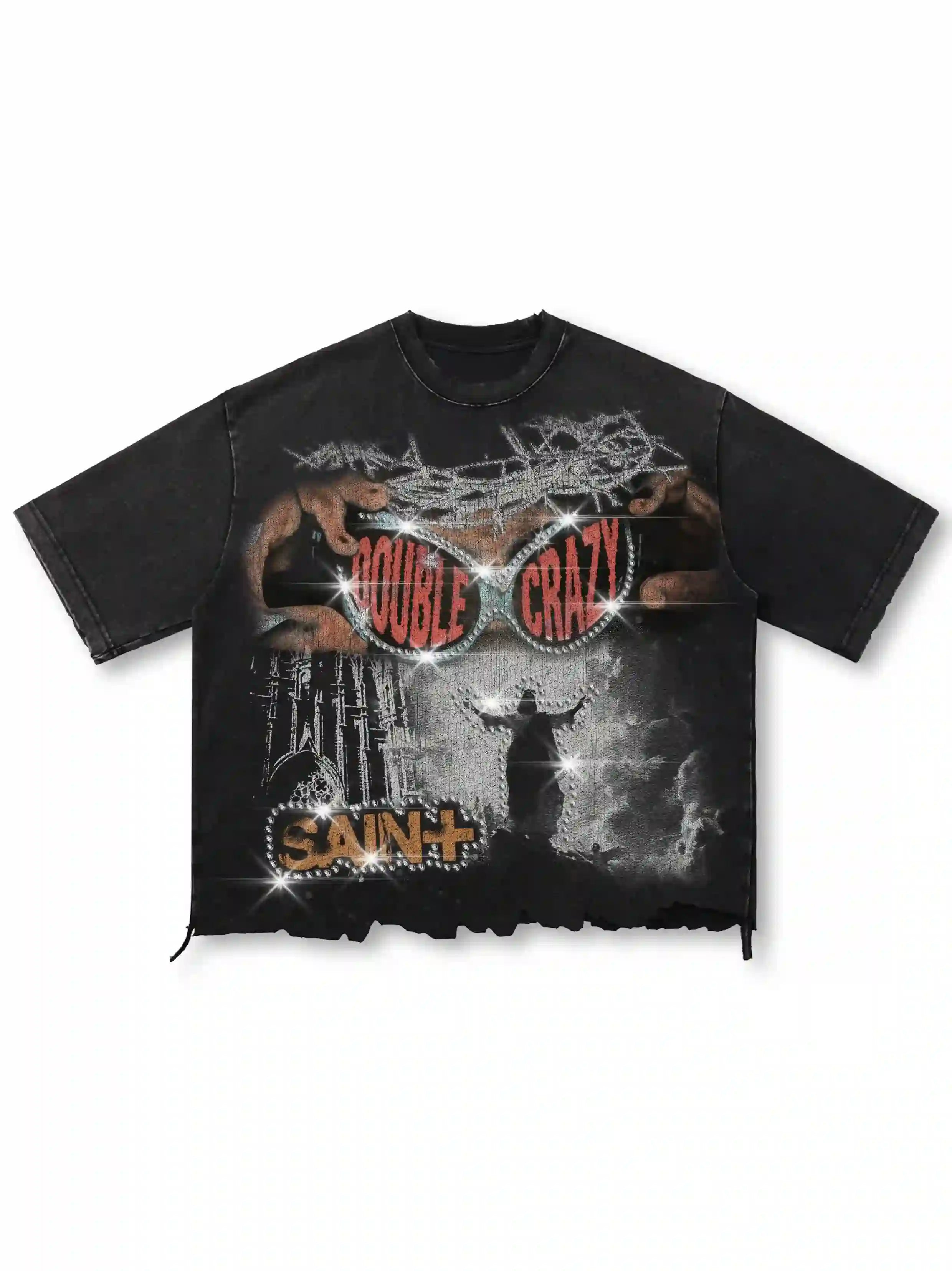 Iced-Eye Faded Raw Hem Graphic Tee-463