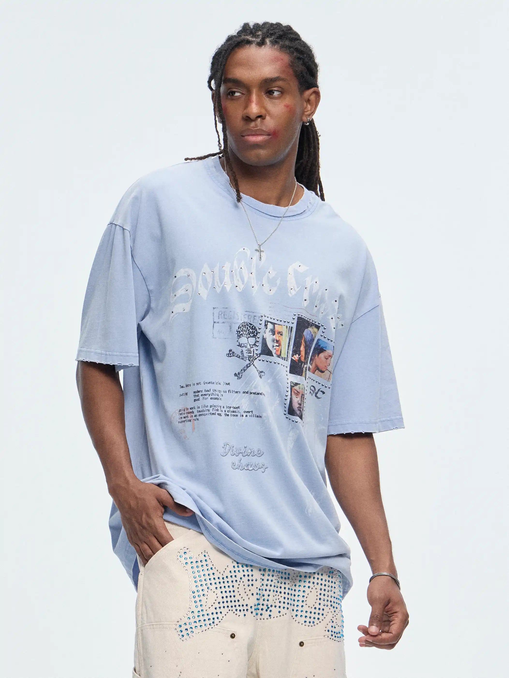 T-shirt vintage effiloché à strass-469