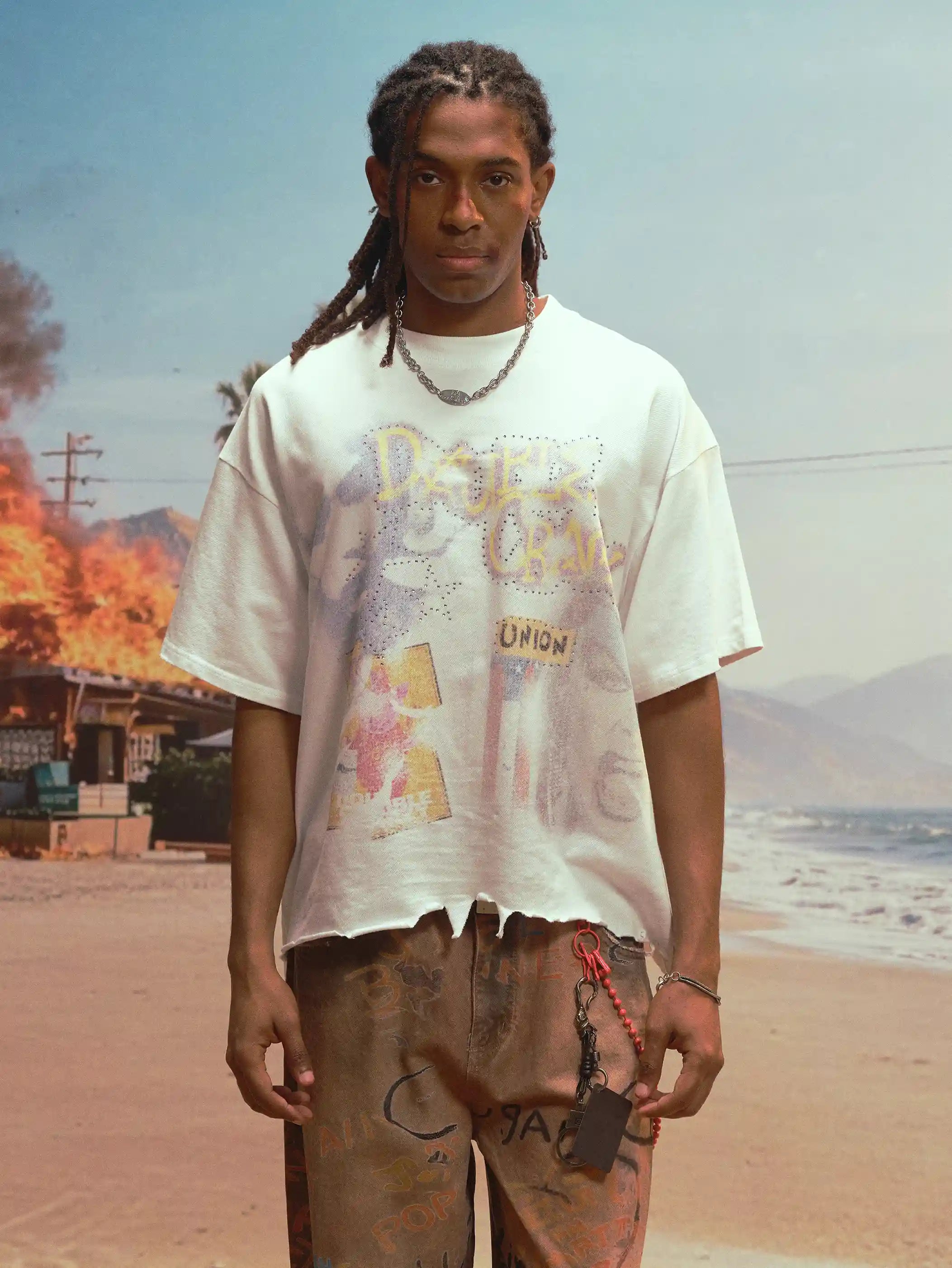 T-shirt avec ourlet déchiré rétro collage-471T