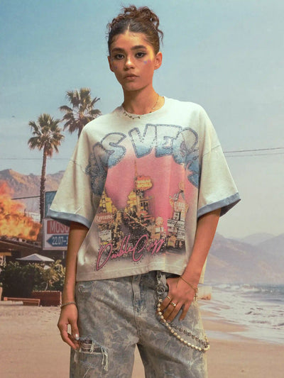 T-shirt contrastant Vegas Rhinestone Ringer - 473