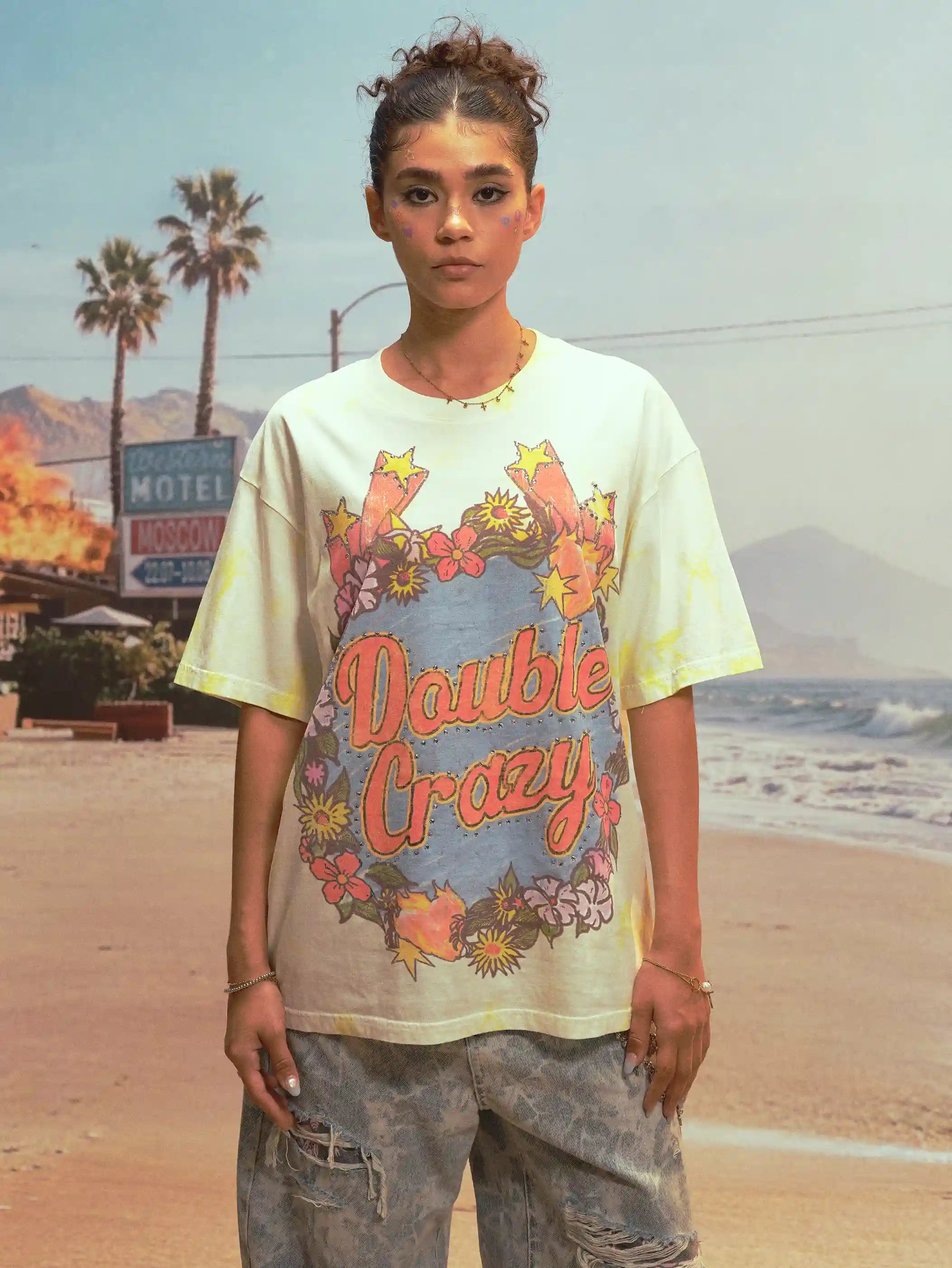 T-shirt Tie-dye Floral Orné de Strass-477