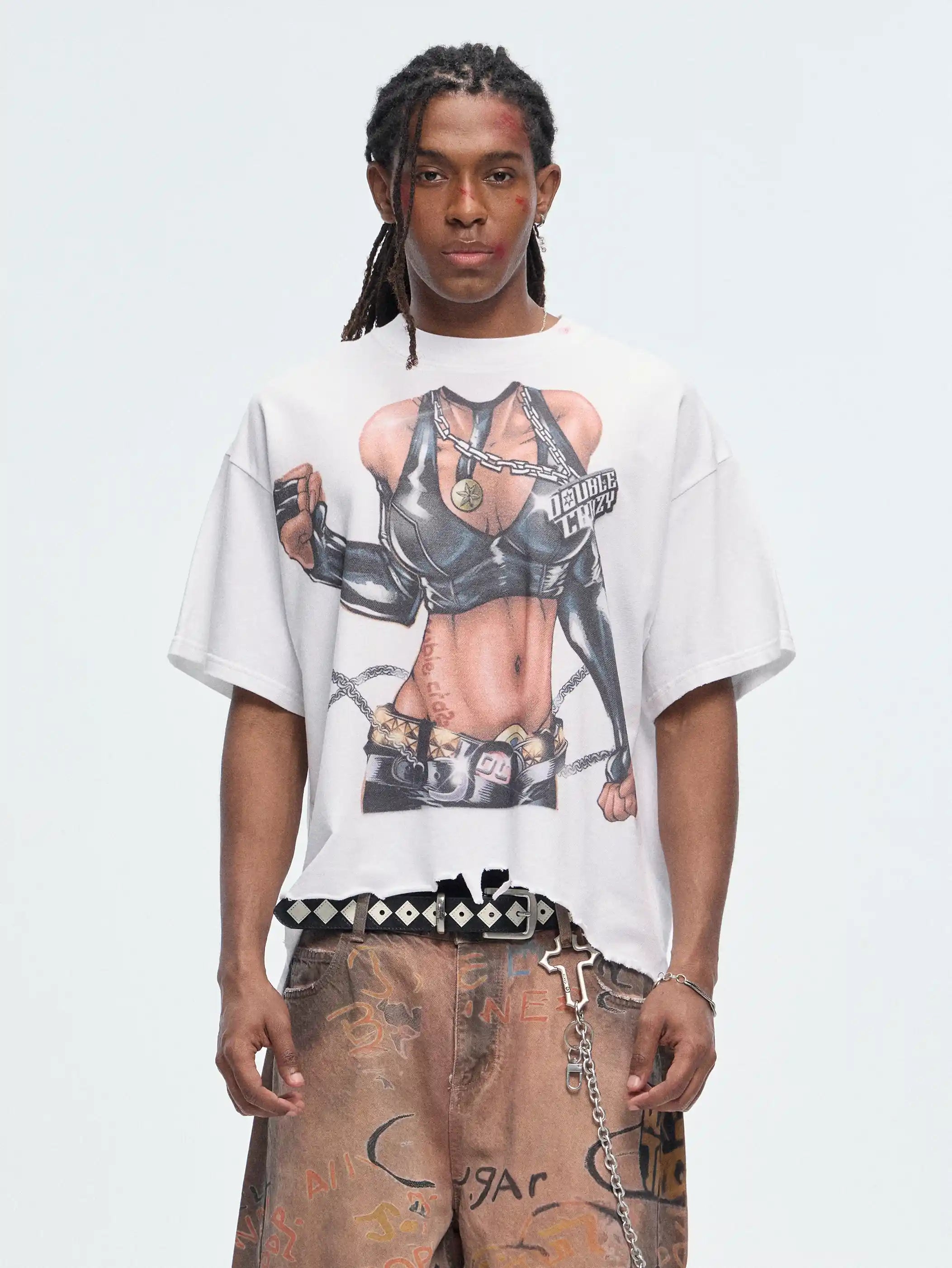 Camiseta Holgada Hardcore con Bajo sin Rematar-478