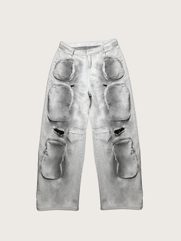 Distressed Grey Utility Pants featuring Multiple Front Pockets with Zipper