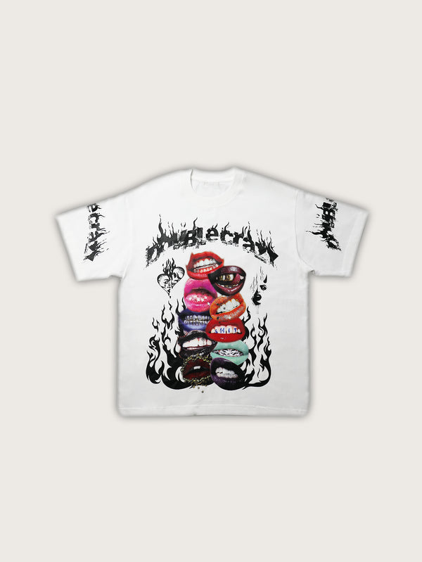 White Graphic T-Shirt Featuring a Bold Stack of Vibrant Lips Design with Flames and Distressed