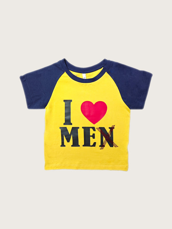 Vibrant Yellow and Navy Contrast T-Shirt Featuring a Bold 'I Love Mex' Design – A Fun and Energetic Statement Piece