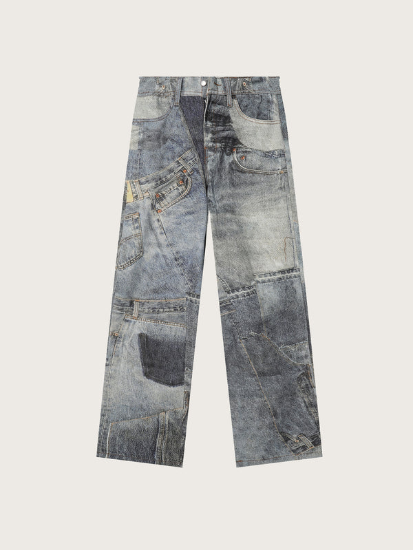 Unisex Vintage Patchwork Denim Pants with a Wide-Leg Silhouette