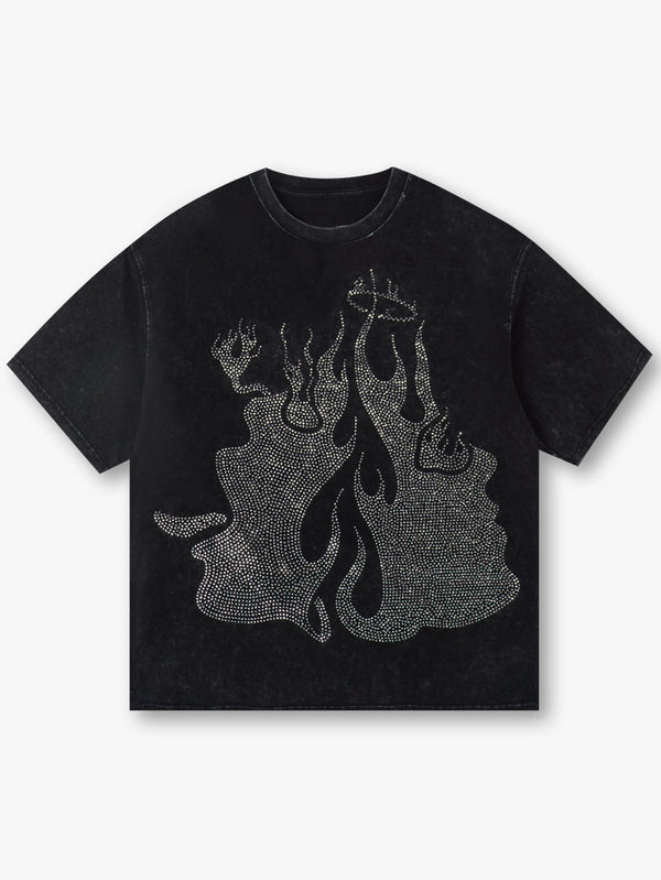 Camiseta vintage desgastada con diseño de hombre de dos caras y llamas de DOUBLECRAZY