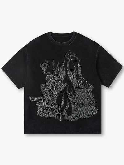 DOUBLECRAZY Flame Two-Faced Man Diamond Distressed Vintage T-shirt-044
