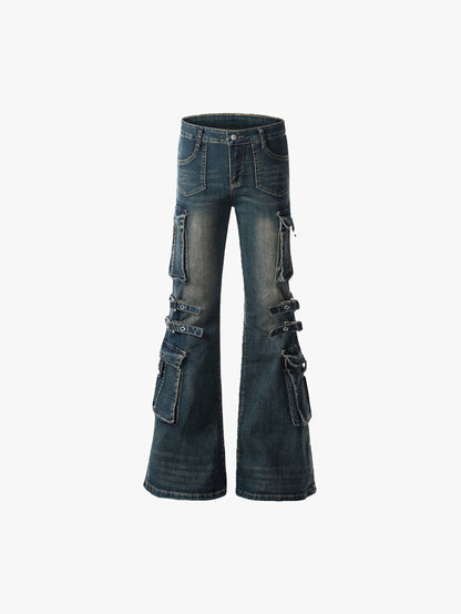 Distressed Cargo Denim Pants with Adjustable Buckled Straps for a Bold Look - S995