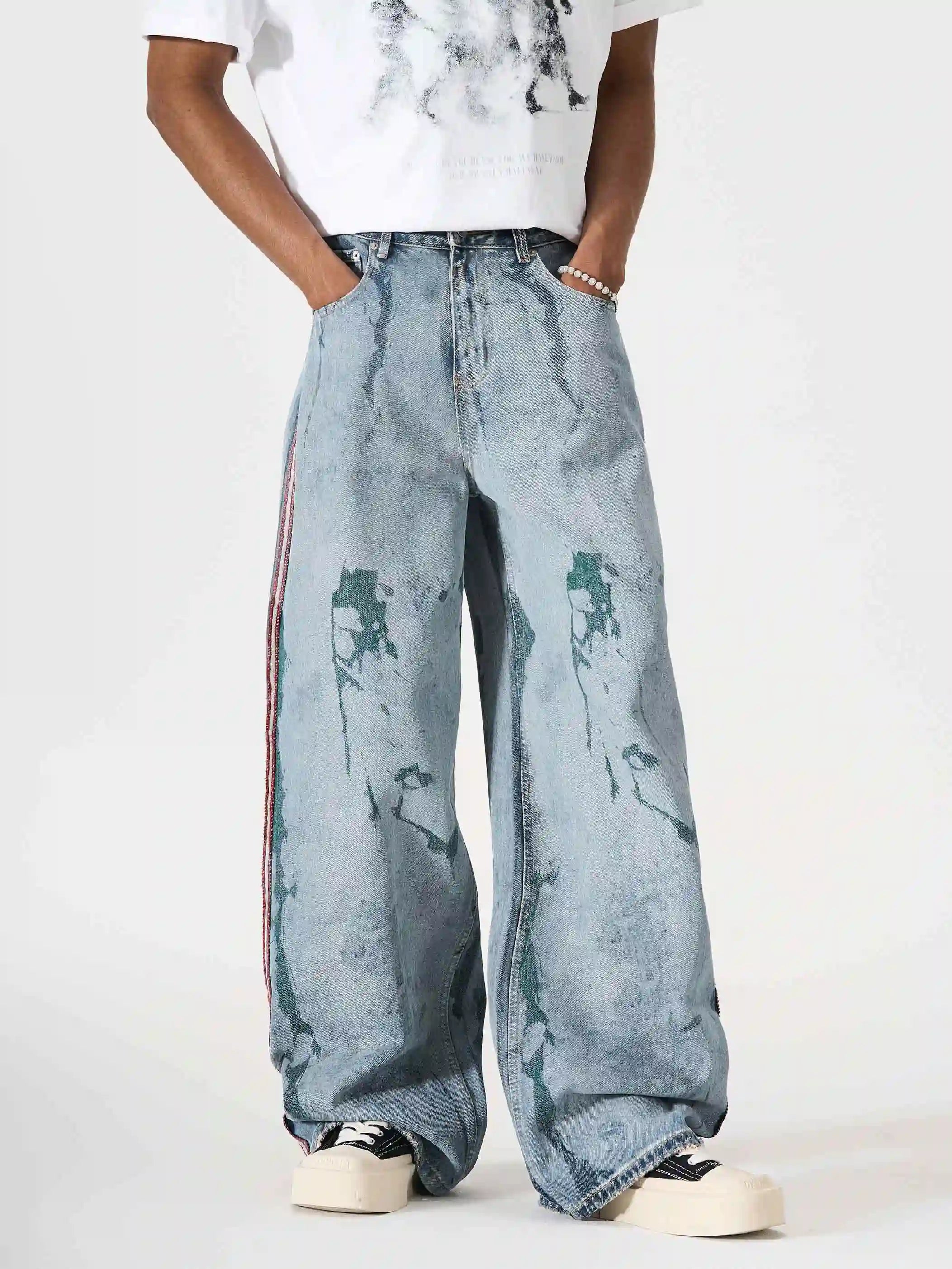 Iced-Side Painted Shredded Jeans-S1196