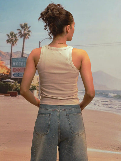 Camiseta sin mangas ajustada efecto envejecido 2001 Y2K-524