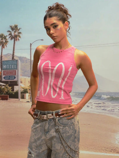 Camiseta sin mangas ajustada efecto envejecido 2001 Y2K-524