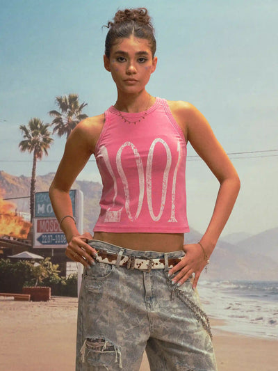 Camiseta sin mangas ajustada efecto envejecido 2001 Y2K-524