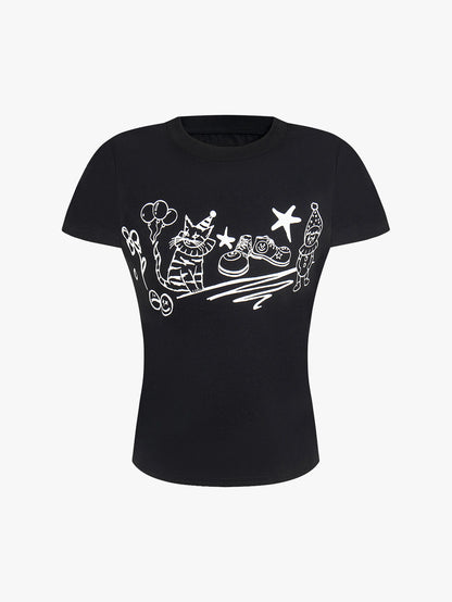 Cartoon Cat and Clown Graphic Summer T-shirt-S999