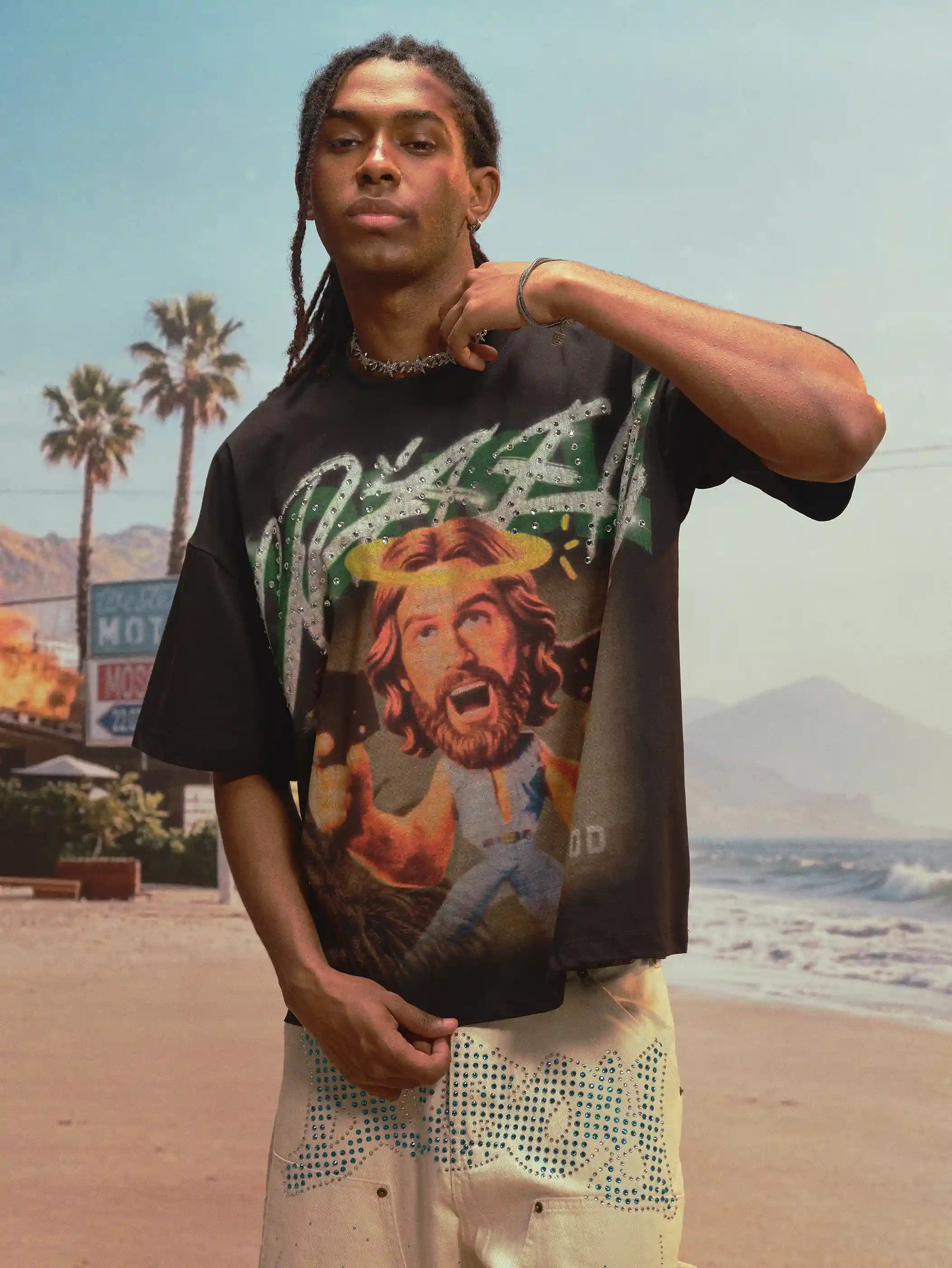 Camiseta holgada de Jesús graciosa con diamantes de imitación - 532