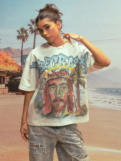 Abstract Jesus Rhinestone Tee-537