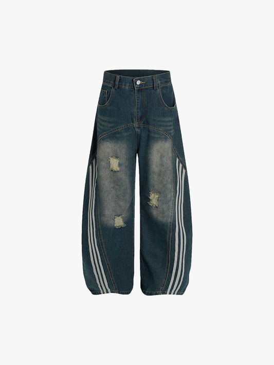 Double Crazy Striped Ripped Wide Leg Jeans Unisex Streetwear Hip Hop Denim Pants-S1005