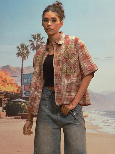 Camisa a cuadros estilo punk con brillos (Bling Edgy Punk Plaid Shirt)-539