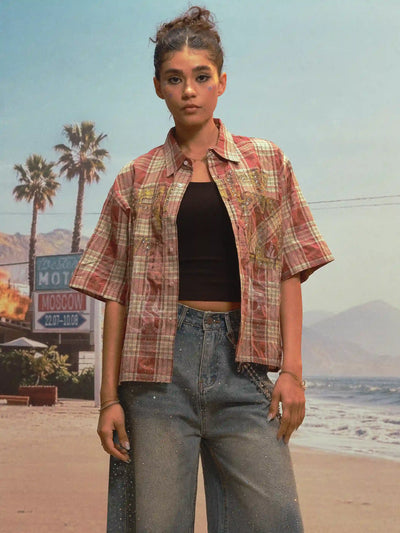 Camisa a cuadros estilo punk con brillos (Bling Edgy Punk Plaid Shirt)-539