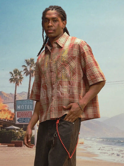 Camisa a cuadros estilo punk con brillos (Bling Edgy Punk Plaid Shirt)-539