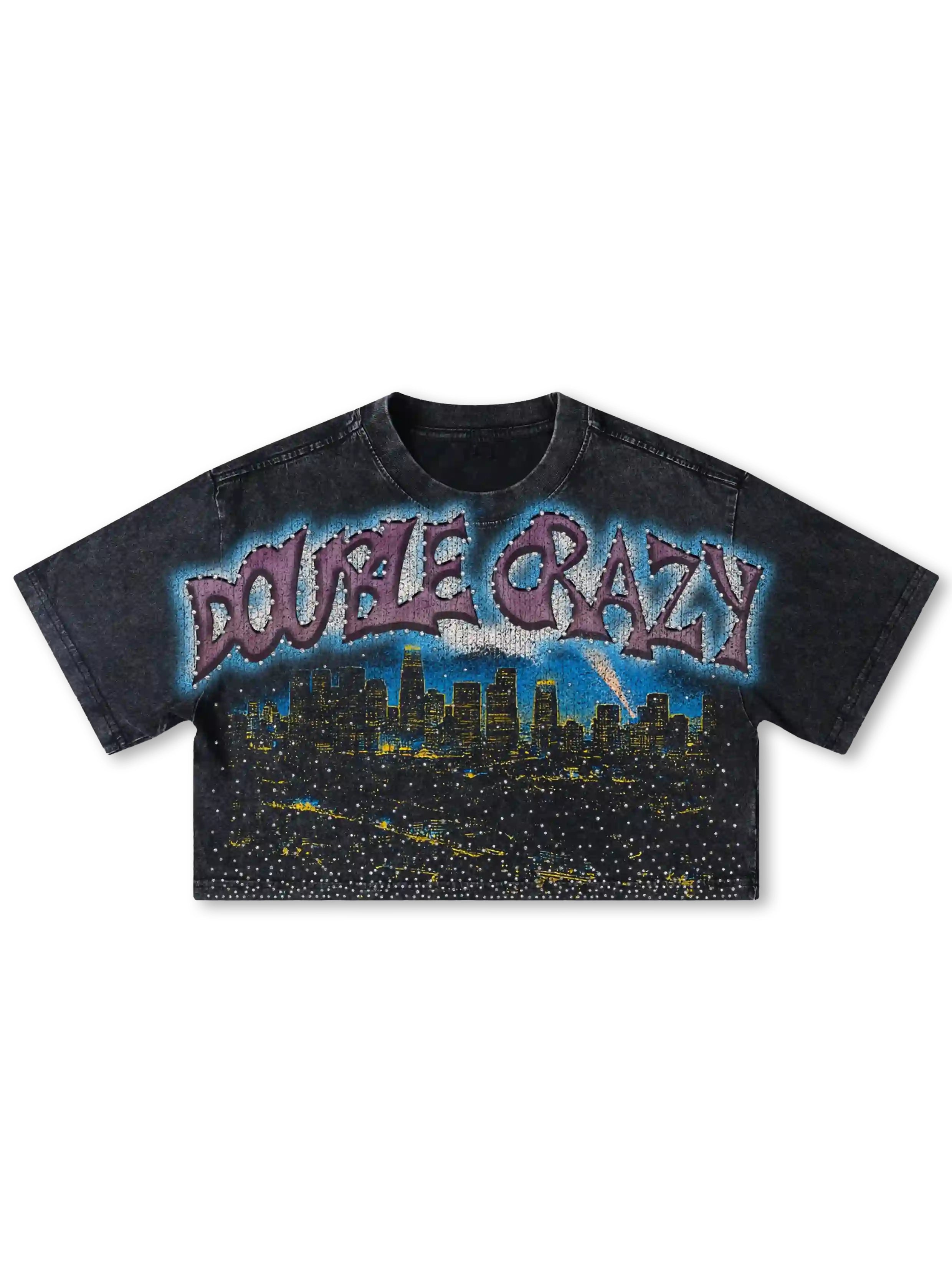Camiseta corta Boxy con estampado Skyline de L.A. y pedrería-541