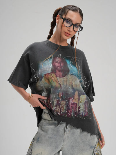 Jesus Skyline Rhinestone Boxy Tee-548