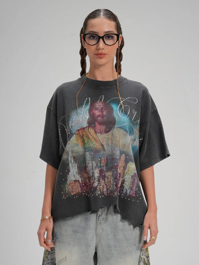 Jesus Skyline Rhinestone Boxy Tee-548