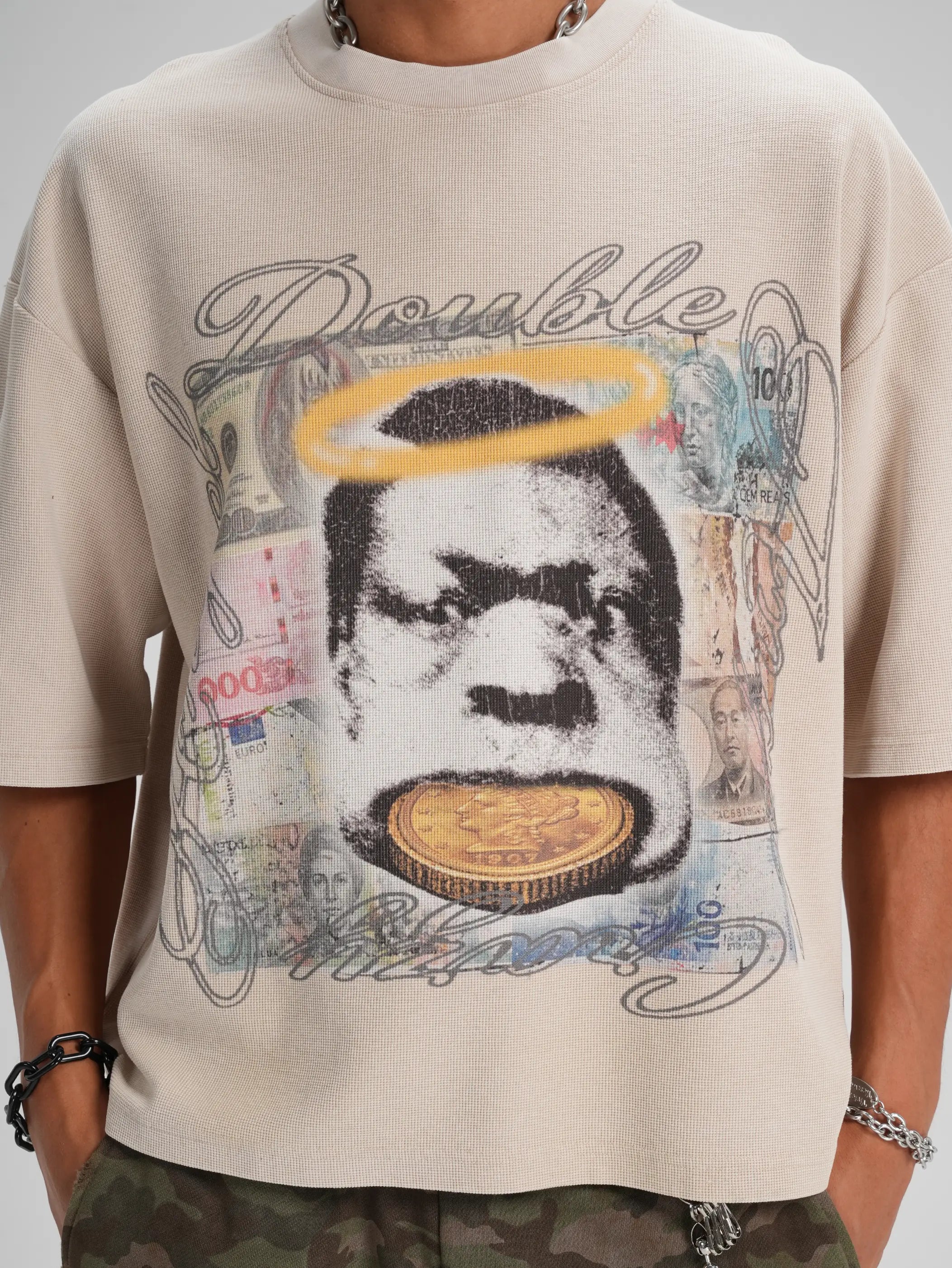 Camiseta de Algodón Grueso Cuello Redondo Currency Vintage-557