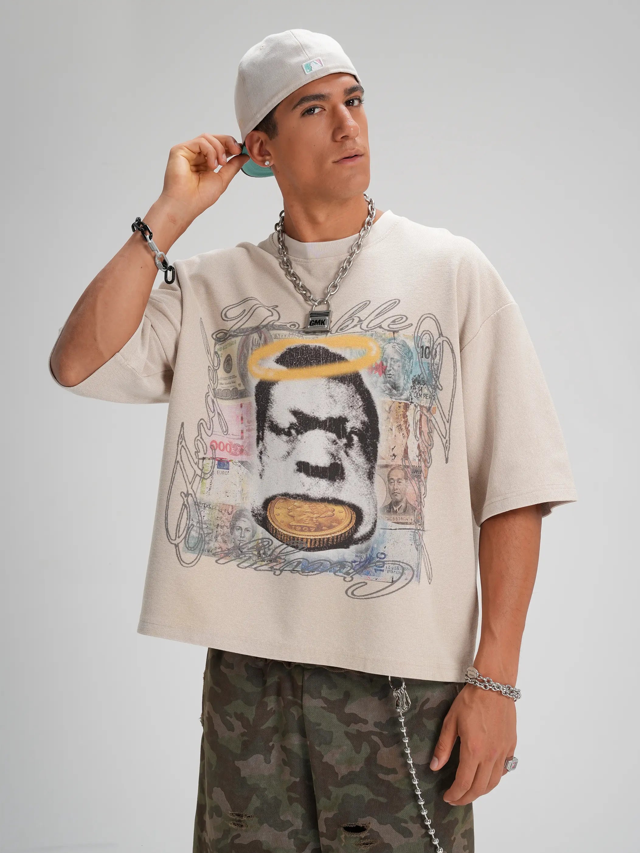 Camiseta de Algodón Grueso Cuello Redondo Currency Vintage-557